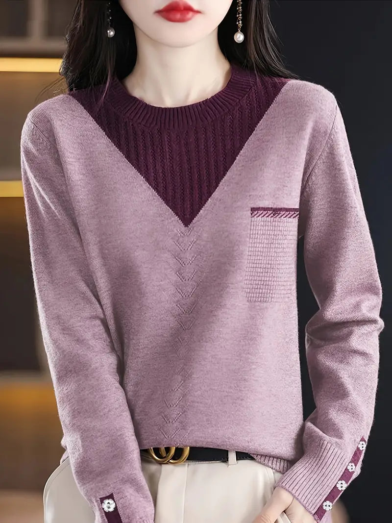 Eleganter Farbblock-Strickpullover für Frauen – Rundhalsausschnitt, lange Ärmel