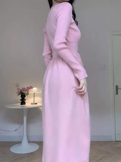 A-Linien-Strickkleid mit Knopfleiste vorn, elegante, einfarbige lange Ärmel