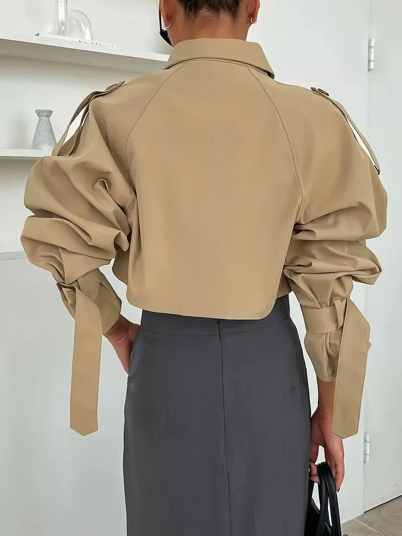 Einfarbiger doppelreihiger Trenchcoat, eleganter Mantel mit langen Ärmeln