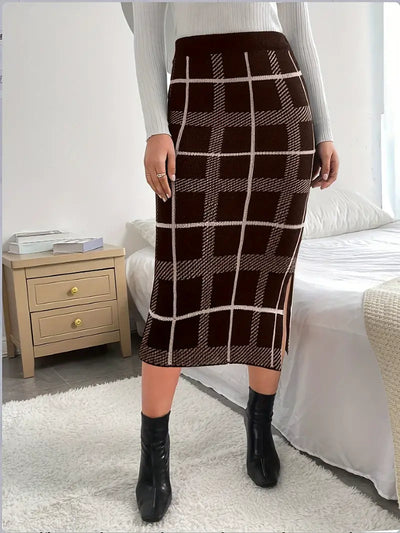 Gestrickter Rock mit Karomuster, eleganter Bodycon-Rock mit geteiltem Saum