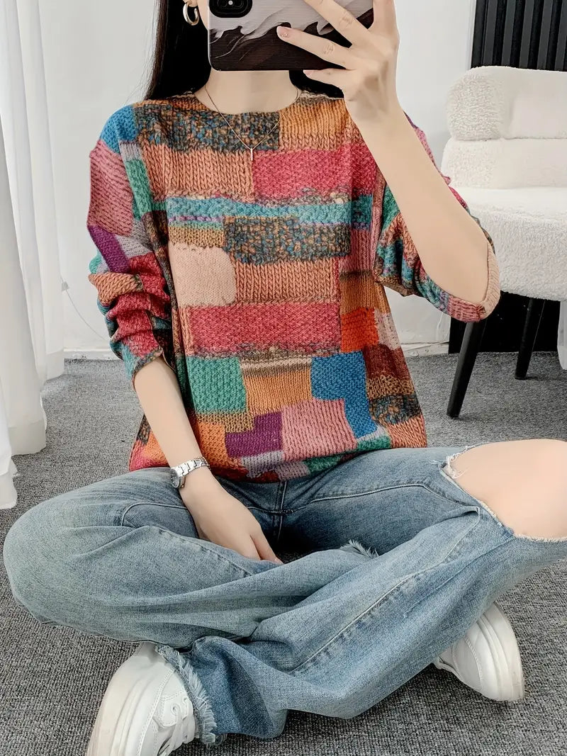 Bunt karierter Pullover, Vintage Pullover mit Rundhalsausschnitt und langen Ärmeln