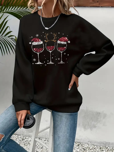 Festliche Weihnachten Weinglas &amp; Santa Hut drucken Sweatshirt für Frauen