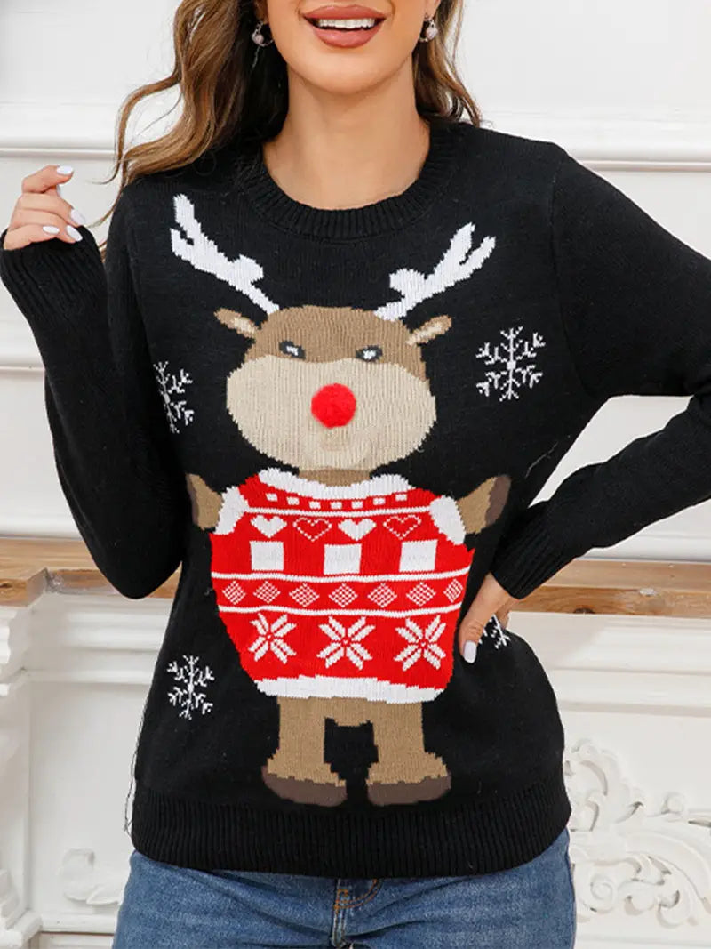 Eleganter Weihnachts-Rentier-Pullover für Frauen - Acryl-Strickstoff