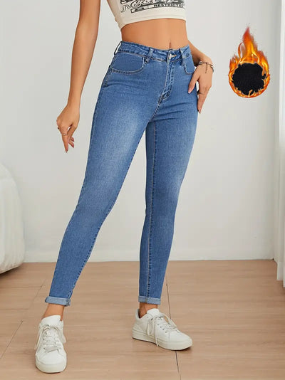 Dehnbare, mit Fleece gefütterte Skinny Jeans für Damen - lässige hohe Taille