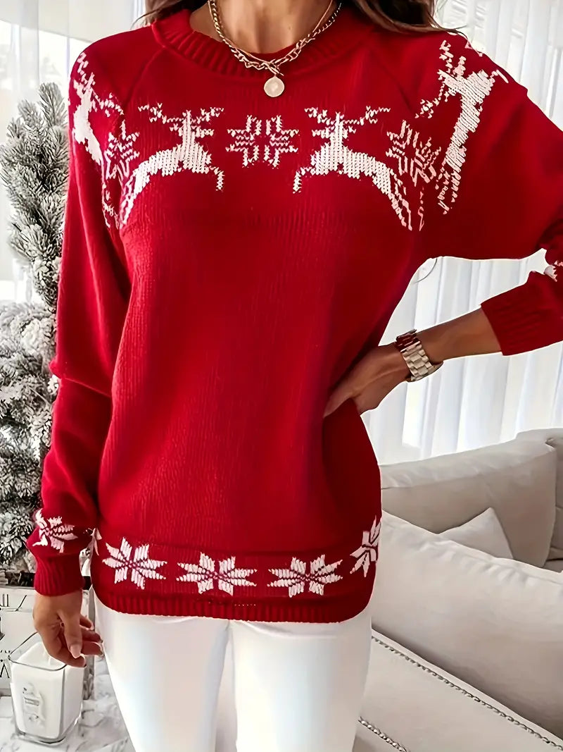 Gemütlicher Weihnachts-Rentier-Pullover mit Rundhalsausschnitt für Frauen