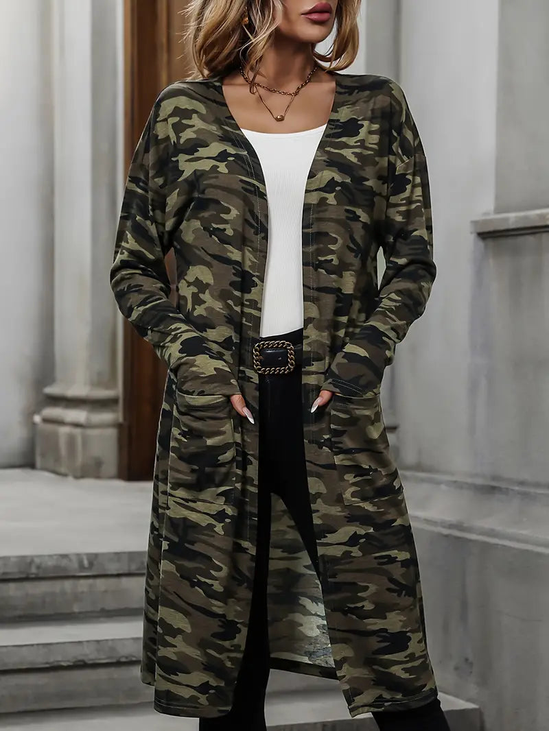 Abenteuerbereiter mittellanger Camo-Print-Cardigan für einen schicken