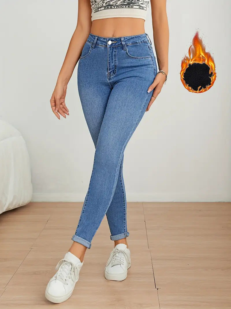 Dehnbare, mit Fleece gefütterte Skinny Jeans für Damen - lässige hohe Taille