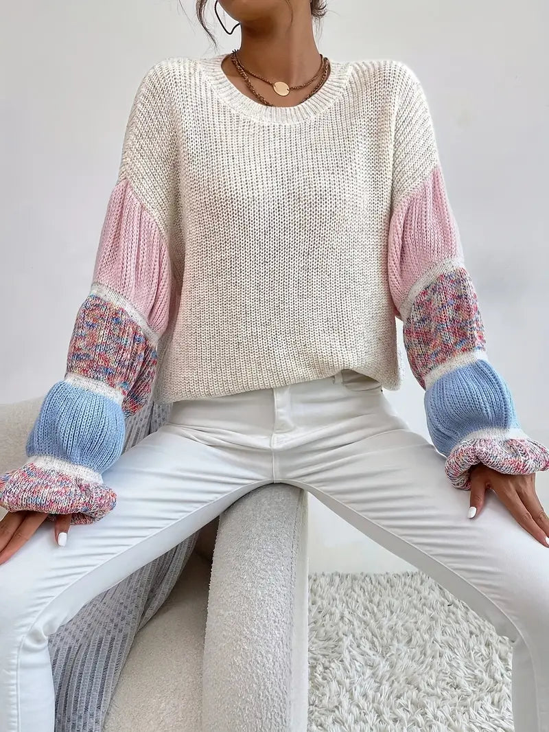 Boho Charm melierter Pullover mit langen Stufenärmeln und Rundhalsausschnitt