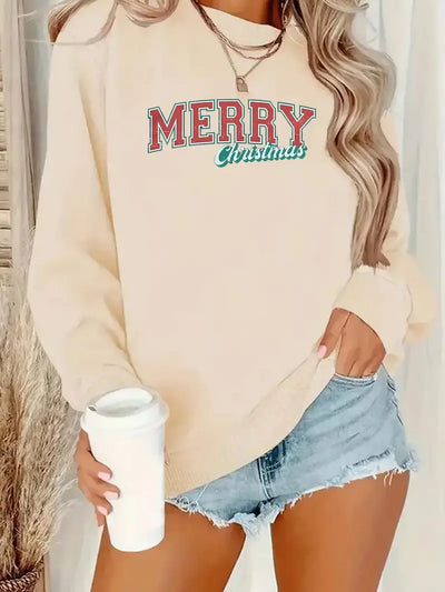 Lässiger Rundhalsausschnitt Pullover Sweatshirt mit Frohe Weihnachten Brief drucken