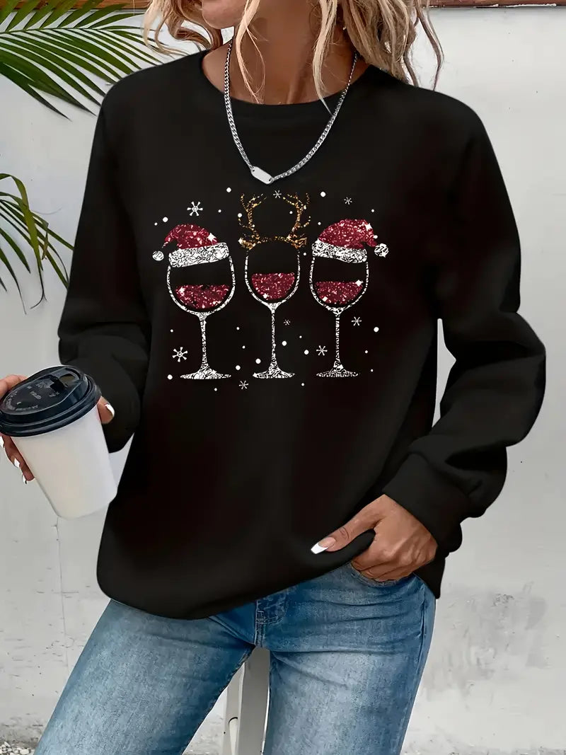 Festliche Weihnachten Weinglas &amp; Santa Hut drucken Sweatshirt für Frauen