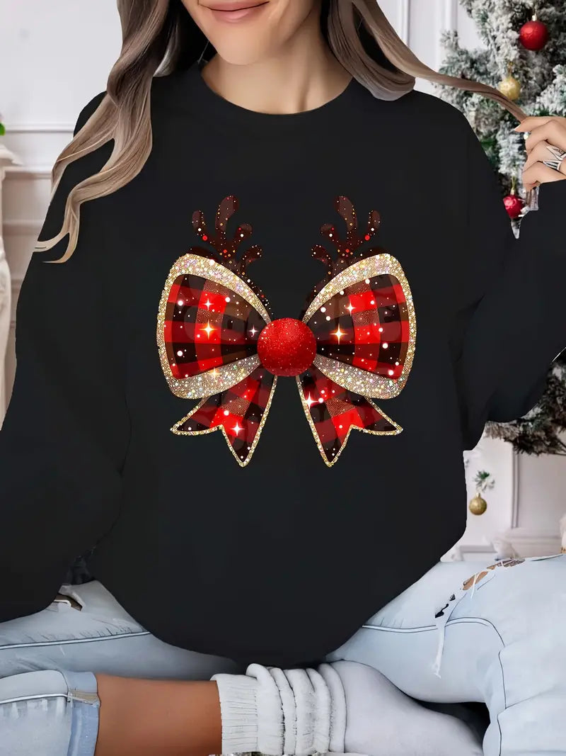 Festliches Damen-Weihnachts-Sweatshirt mit rotem Schleifenknoten