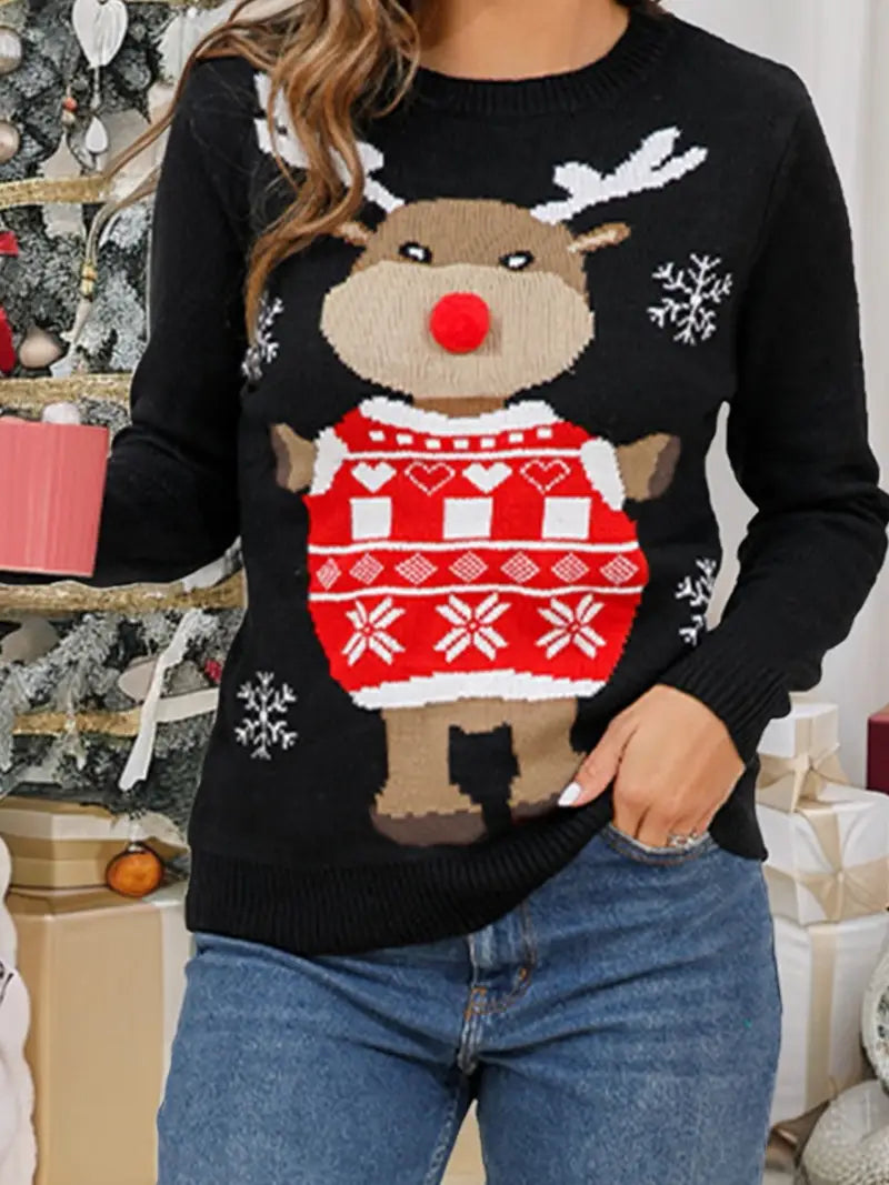 Eleganter Weihnachts-Rentier-Pullover für Frauen - Acryl-Strickstoff