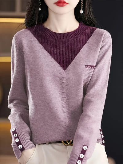 Eleganter Farbblock-Strickpullover für Frauen – Rundhalsausschnitt, lange Ärmel