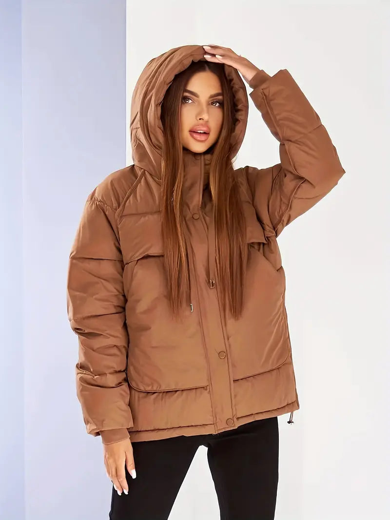 Modische einfarbige Jacke mit Kapuze und Kordelzug für Frauen