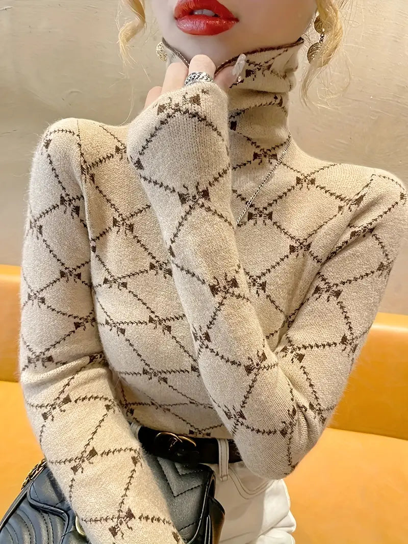 Allover Print Rollkragenpullover, Freizeitpullover mit langen Ärmeln