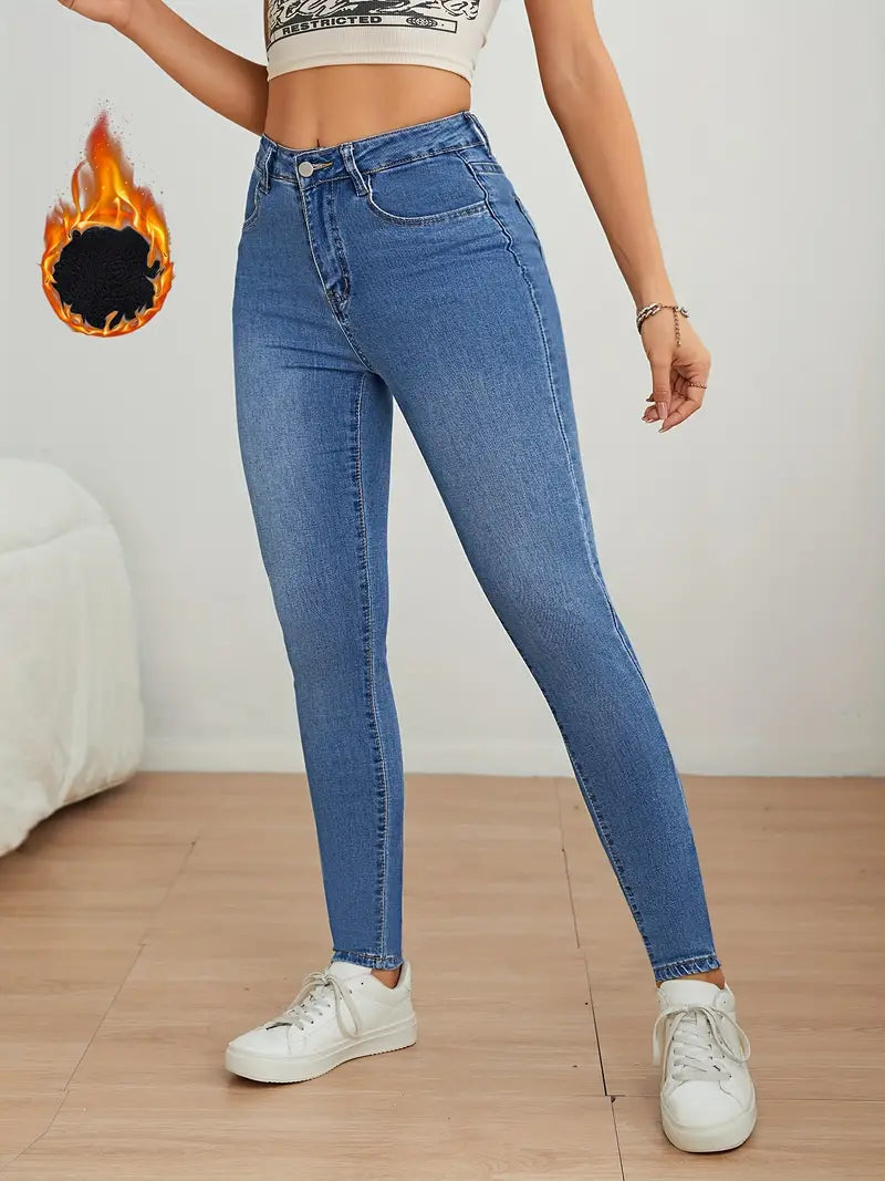 Dehnbare, mit Fleece gefütterte Skinny Jeans für Damen - lässige hohe Taille