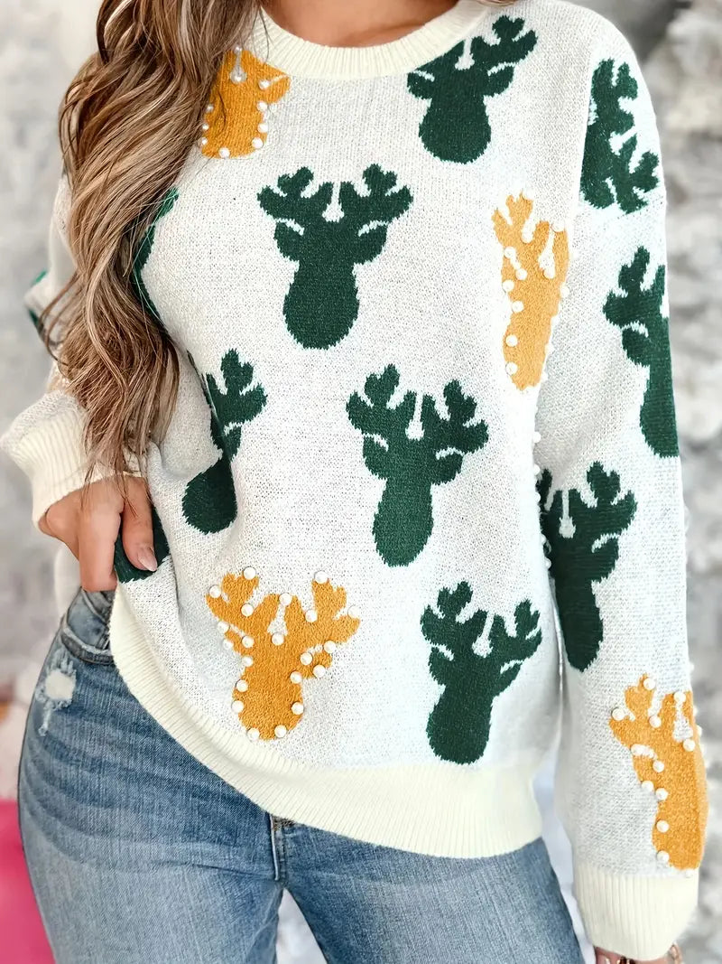 Acryl gestrickter Weihnachten Rentier Pullover Pullover mit Perlendetails