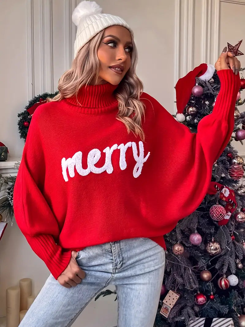 Fröhliche Weihnachten Muster Batwing Ärmel Pullover, Eleganter Rollkragenpullover