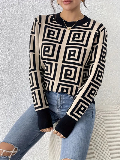 Edler Pullover aus Viskosestrick mit geometrischem Druck für den Herbst