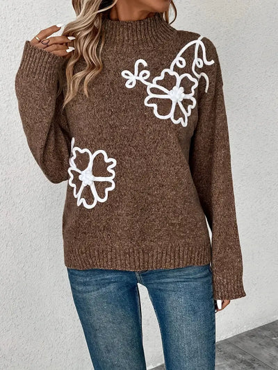 Florale Eleganz Rundhalsausschnitt Pullover lässig langarmig gestrickt