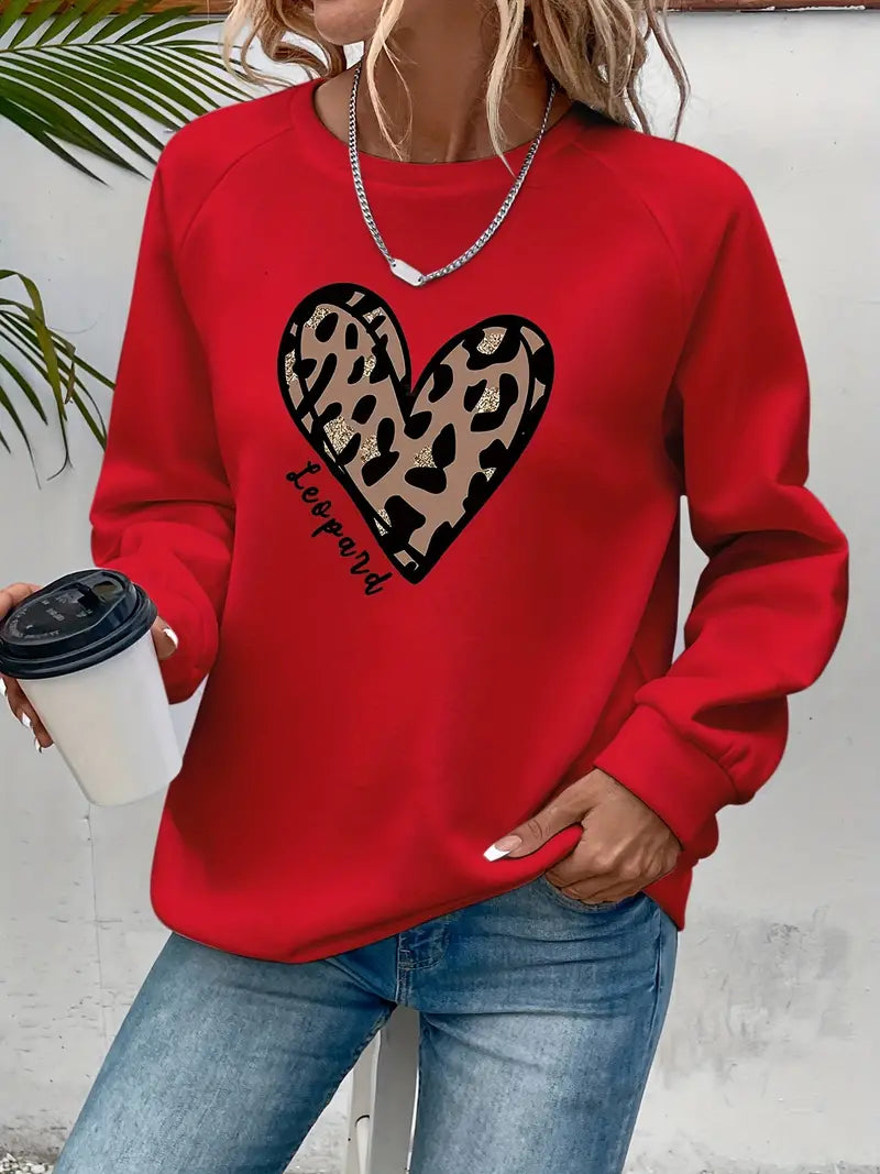 Sweatshirt mit Rundhalsausschnitt und Leopardenmuster Einfaches Herz