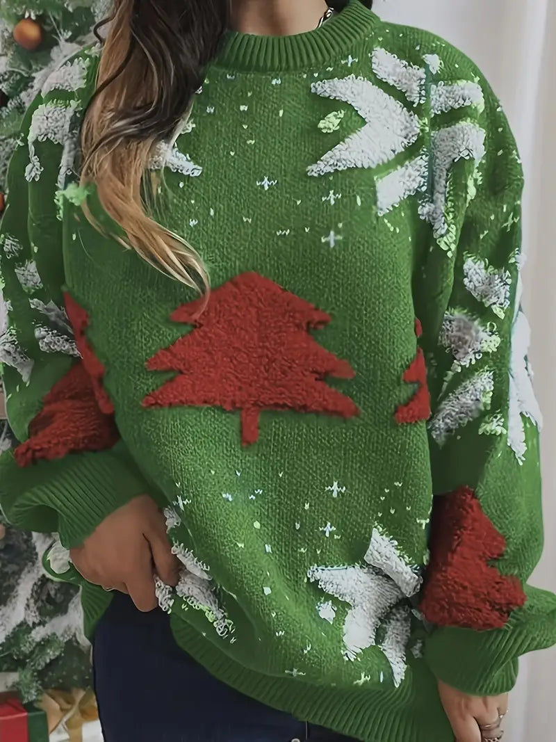 Festlicher Damen-Weihnachtspullover, grüner Strickpullover mit Weihnachtsbaum