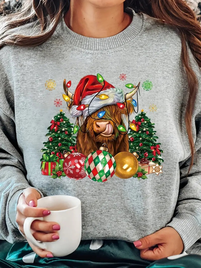 Festliche Weihnachten Hochland Kuh Grafik Sweatshirt für Frauen