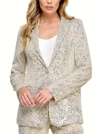 Damen Pailletten-Blazer, elegante Langarm-Taschenjacke